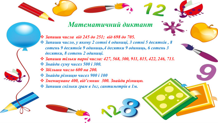 Математичний диктант. Запиши числа від 245 до 251; від 698 до 705. Запиши число, у якому 2 сотні 4 одиниці, 3 сотні 5 десятків , 8 сотень 9 десятків 9 одиниць,4 десятки 9 одиниць, 6 сотень 3 десятки, 8 сотень 2 одиниці. Запиши тільки парні числа: 427, 568, 300, 911, 815, 422, 246, 713. Знайди суму чисел 500 і 300. Збільши число 600 на 200. Знайди різницю чисел 900 і 100 Зменшуване 400, від’ємник 300. Знайди різницю. Запиши скільки грам в 1кг, сантиметрів в 1м.