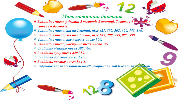 Математичний диктант. Запишіть число у 4сотні 5 десятків 3 одиниці, 7 сотень 4 одиниці, 6 сотень 6 десятків. Запишіть числа, які на 1 менші, ніж 421, 300, 502, 600, 743, 890. Запишіть числа, які на 1 більші, ніж 643, 290, 799, 800, 999. Запишіть число, яке передує числу 900. Запишіть число, наступне після числа 399. Знайдіть різницю чисел 500 і 60. Знайдіть суму чисел 420 і 80. Знайдіть добуток чисел 6 і 7. Знайдіть частку чисел 36 і 4. Задумане число збільшили на 40 і отримали 560. Яке число задумали.