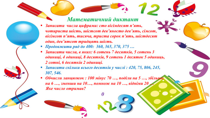 Математичний диктант. Записати числа цифрами: сто вісімдесят п’ять, чотириста шість, шістсот дев’яносто дев’ять, сімсот, вісімсот п’ять, тисяча, триста сорок п’ять, шістдесят один, дев’ятсот тридцять шість. Продовжити ряд до 400: 360, 365, 370, 375 …Записати числа, в яких: 6 сотень 7 десятків, 5 сотень 3 одиниці, 4 одиниці, 8 десятків, 9 сотень 1 десяток 5 одиниць, 2 сотні, 6 десятків 2 одиниці. Записати скільки всього десятків у числі : 420, 75, 806, 245, 307, 546. Обчисли ланцюжок : 100 мінус 70 …, поділи на 5 …, збільши на 6 …, зменши на 10…, помнож на 10 …, відніми 20 … Яке число отримав?0