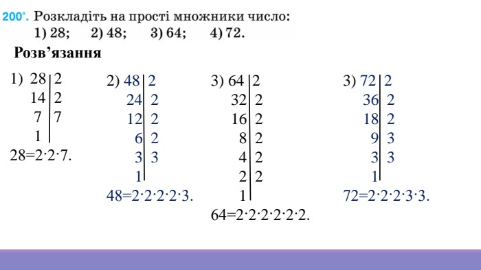 28 2 14 2 7 7 128=2·2·7.2) 48 2 24 2 12 2 6 2 3 3 148=2·2·2·2·3.3) 64 2 32 2 16 2 8 2 4 2 2 2 164=2·2·2·2·2·2.3) 72 2 36 2 18 2 9 3 3 3 172=2·2·2·3·3. Розв’язання