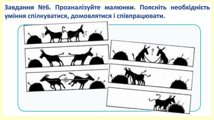 Завдання №6. Проаналізуйте малюнки. Поясніть необхідність уміння спілкуватися, домовлятися і співпрацювати.