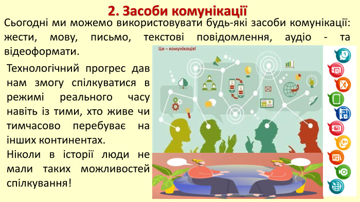 Сьогодні ми можемо використовувати будь-які засоби комунікації: жести, мову, письмо, текстові повідомлення, аудіо - та відеоформати. 2. Засоби комунікаціїТехнологічний прогрес дав нам змогу спілкуватися в режимі реального часу навіть із тими, хто живе чи тимчасово перебуває на інших континентах. Ніколи в історії люди не мали таких можливостей спілкування!
