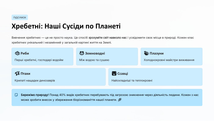 ПІДСУМОКХребетні: Наші Сусіди по ПланетіВивчення хребетних — це не просто наука. Це спосіб зрозуміти світ навколо нас і усвідомити своє місце в природі. Кожен клас хребетних унікальний і незамінний у загальній картині життя на Землі.🐟 Риби. Перші хребетні, господарі водойм🐸 ЗемноводніМіж водою та сушею🦎 Плазуни. Холоднокровні майстри виживання🦅 Птахи. Крилаті нащадки динозаврів🦁 СсавціНайскладніші та теплокровніБережімо природу! Понад 40% видів хребетних перебувають під загрозою зникнення через діяльність людини. Кожен з нас може зробити внесок у збереження біорізноманіття нашої планети. 🌿
