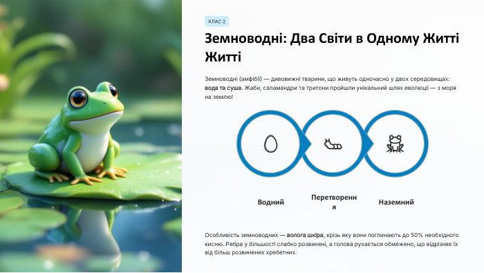 КЛАС 2 Земноводні: Два Світи в Одному ЖиттіЗемноводні (амфібії) — дивовижні тварини, що живуть одночасно у двох середовищах: вода та суша. Жаби, саламандри та тритони пройшли унікальний шлях еволюції — з моря на землю!Наземний. Перетворення. Водний. Особливість земноводних — волога шкіра, крізь яку вони поглинають до 50% необхідного кисню. Ребра у більшості слабко розвинені, а голова рухається обмежено, що відрізняє їх від більш розвинених хребетних.