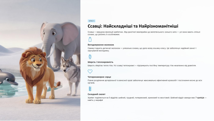 КЛАС 5 Ссавці: Найскладніші та НайрізноманітнішіСсавці — вершина еволюції хребетних. Від крихітної землерийки до велетенського синього кита — усі вони мають спільні ознаки, що роблять їх особливими. Вигодовування молоком. Самиці годують дитинчат молоком — унікальна ознака, що дала назву всьому класу. Це забезпечує надійний захист і харчування молодняку. Шерсть і теплокровність. Шерсть зберігає тепло тіла. Усі ссавці теплокровні — підтримують постійну температуру тіла незалежно від довкілля. Чотирикамерне серце. Повне розділення артеріальної та венозної крові забезпечує максимально ефективний кровообіг і постачання кисню до всіх органів. Складний скелет. Хребет поділяється на 5 відділів: шийний, грудний, поперековий, крижовий та хвостовий. Шийний відділ завжди має 7 хребців — навіть у жирафа!