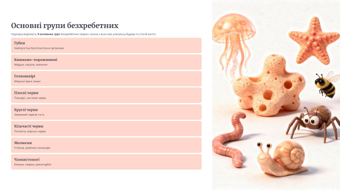 Основні групи безхребетних. Науковці виділяють 9 основних груп безхребетних тварин, кожна з яких має унікальну будову та спосіб життя. Губки. Найпростіші багатоклітинні організми. Кишково-порожнинніМедузи, корали, анемони. ГолкошкіріМорські зірки, їжаки. Плоскі черви. Планарії, листкові черви. Круглі черви. Земляний черв'як та ін. Кільчасті черви. Поліхети, морські черви. Молюски. Устриці, равлики, кальмари. ЧленистоногіКомахи, павуки, ракоподібні