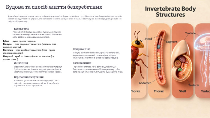 Будова та спосіб життя безхребетних. Безхребетні тварини демонструють неймовірне розмаїття форм, розмірів та способів життя. Їхня будова відрізняється від хребетних відсутністю внутрішнього кісткового скелета, що зумовлює унікальні адаптації до різних середовищ існування та функцій організму. Будова тіла. Різноманітна: від одношарових (губки) до складних сегментованих організмів (членистоногі). Тіло може мати двобічну або радіальну симетрію. Покриви тіла. Можуть бути хітиновим панциром (членистоногі), черепашкою (молюски), голкошкірою шкірою (голкошкірі) або м'якою шкірою (черви, медузи). Живлення. Відрізняється значною різноманітністю: фільтрація (губки), хижацтво (павуки, медузи), рослиноїдність (равлики, гусениці) або паразитизм (плоскі черви). Розмноження. Переважно статеве, хоча деякі види здатні до безстатевого розмноження (брунькування у губок, регенерація у планарій). Більшість відкладають яйця. Середовище існування. Займають усі можливі біотопи: вода (морська та прісна), суша, ґрунт, повітря. Деякі безхребетні є паразитами інших організмів. Губка — дуже проста тварина. Медуза — має радіальну симетрію (частини тіла навколо центру). Метелик — має двобічну симетрію (ліва і права сторона однакові). Павук або краб — тіло поділене на частини (це членистоногі).