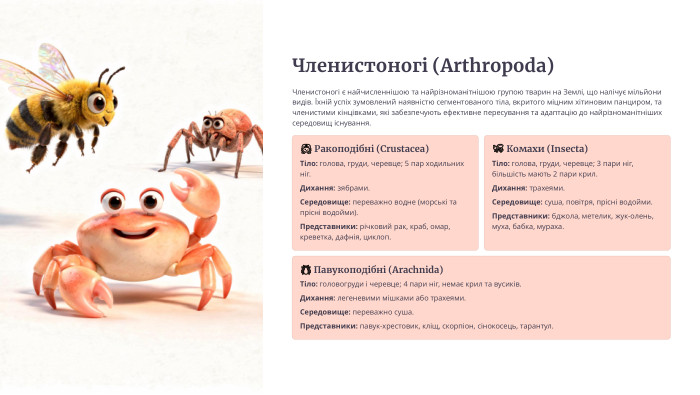 Членистоногі (Arthropoda)Членистоногі є найчисленнішою та найрізноманітнішою групою тварин на Землі, що налічує мільйони видів. Їхній успіх зумовлений наявністю сегментованого тіла, вкритого міцним хітиновим панциром, та членистими кінцівками, які забезпечують ефективне пересування та адаптацію до найрізноманітніших середовищ існування.🦀 Ракоподібні (Crustacea)Тіло: голова, груди, черевце; 5 пар ходильних ніг. Дихання: зябрами. Середовище: переважно водне (морські та прісні водойми). Представники: річковий рак, краб, омар, креветка, дафнія, циклоп.🐝 Комахи (Insecta)Тіло: голова, груди, черевце; 3 пари ніг, більшість мають 2 пари крил. Дихання: трахеями. Середовище: суша, повітря, прісні водойми. Представники: бджола, метелик, жук-олень, муха, бабка, мураха.🕷️ Павукоподібні (Arachnida)Тіло: головогруди і черевце; 4 пари ніг, немає крил та вусиків. Дихання: легеневими мішками або трахеями. Середовище: переважно суша. Представники: павук-хрестовик, кліщ, скорпіон, сінокосець, тарантул.